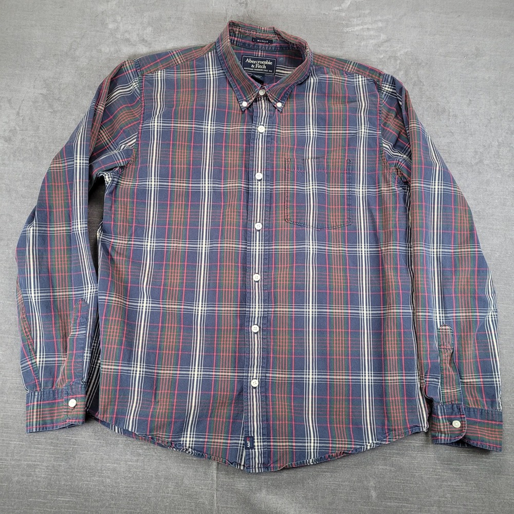 Abercrombie & Fitch Y2K Mens Lg Muscle Fit Plaid Button Up Shirt Blue Red Green